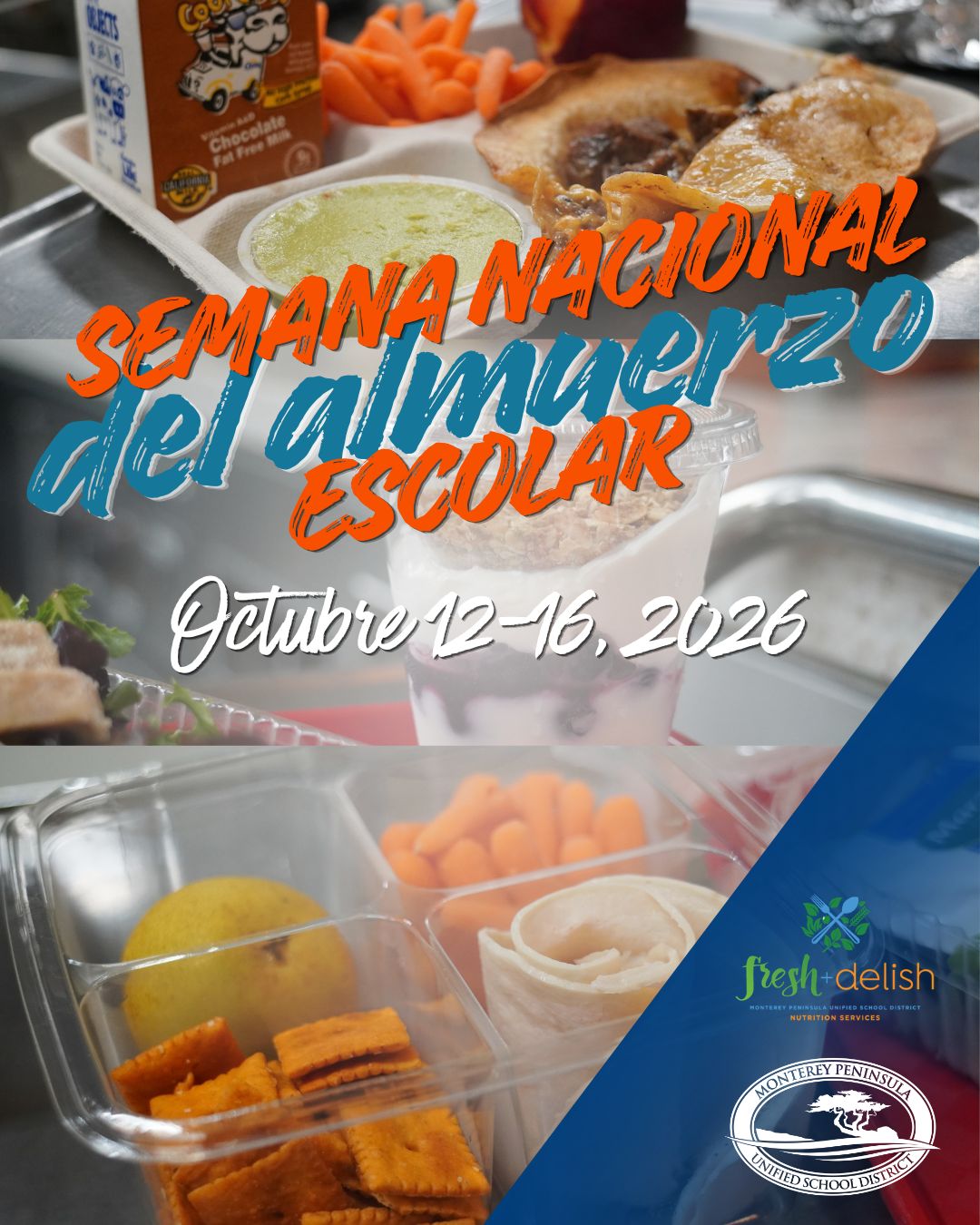 A promotional image for National School Lunch Week, featuring a packed school lunch tray with text in Spanish.